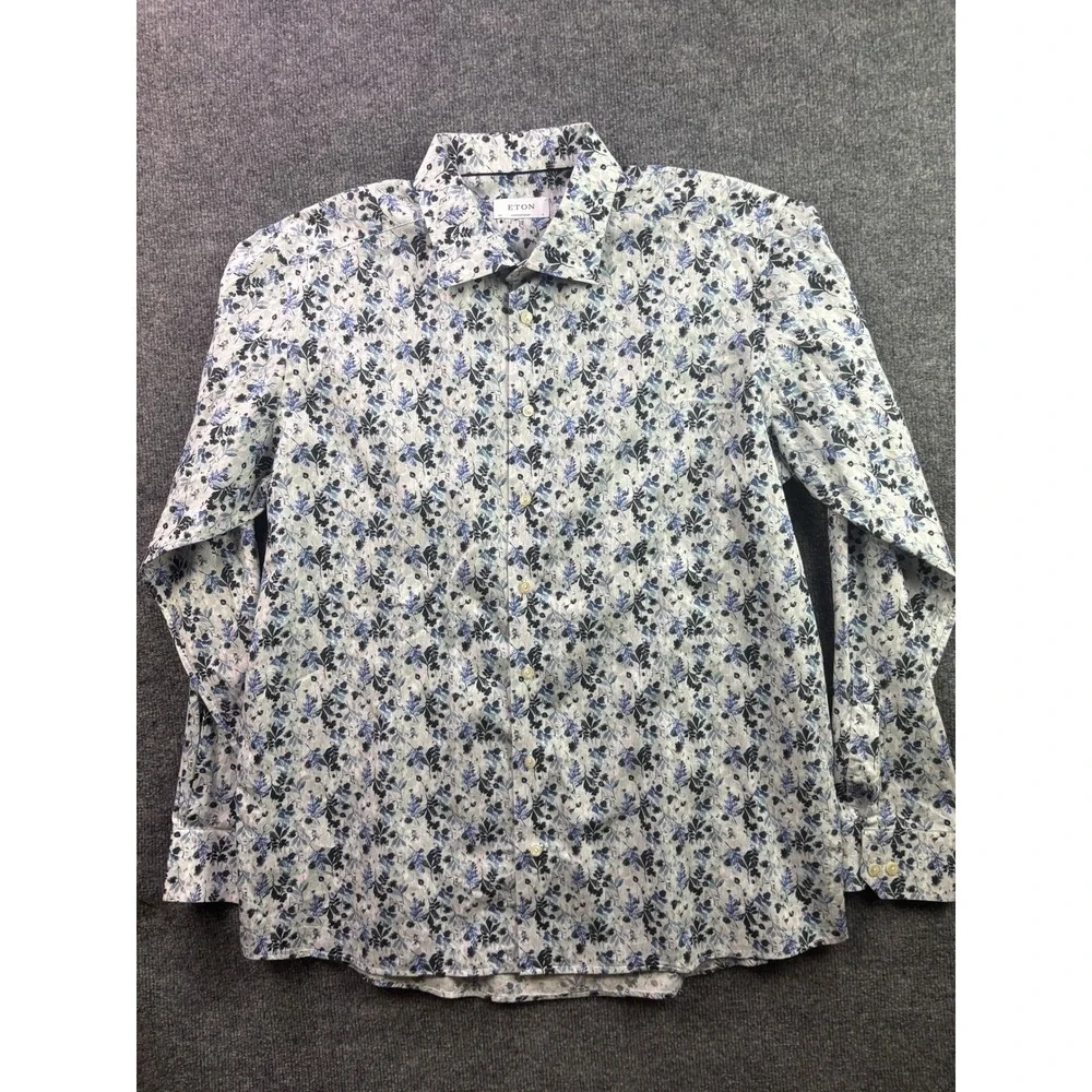 Eton Button Down Shirt Mens 18 46 Blue White Floral Contemporary Fit Long Sleeve